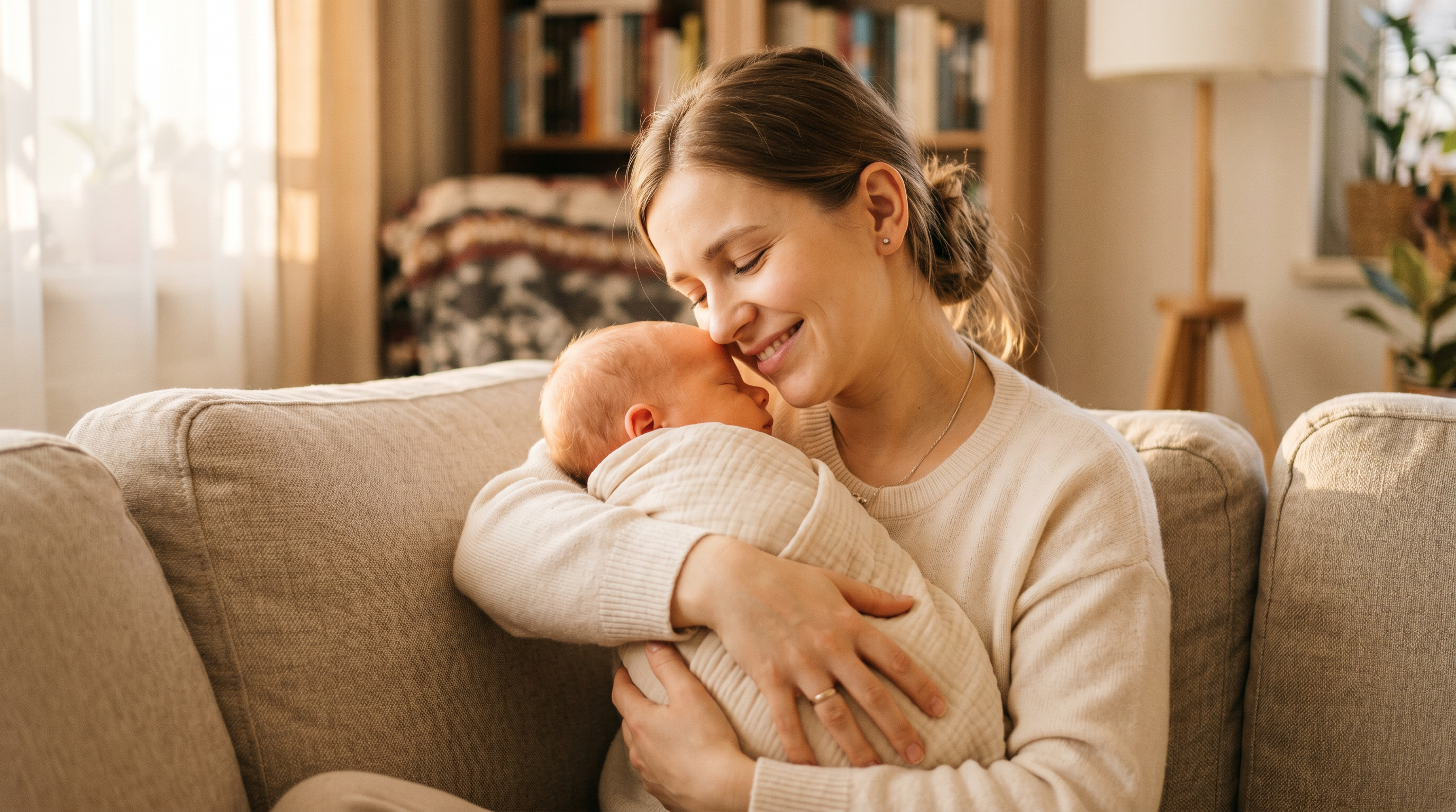 Mama delikatnie przytulająca noworodka w przytulnym domu