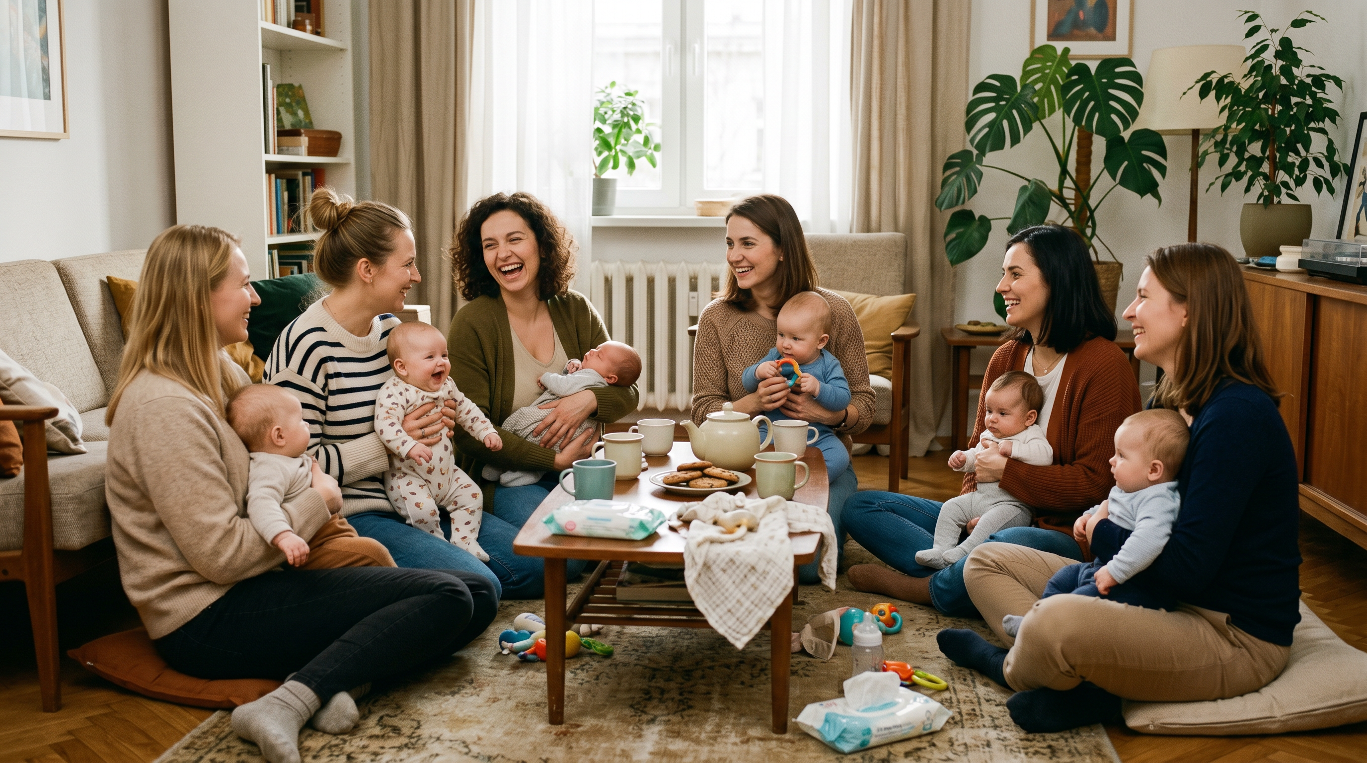 Grupa młodych mam z niemowlakami spotykająca się przy kawie i herbacie